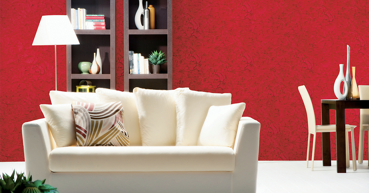 Red coloured Moon Rock textured wall in the living room