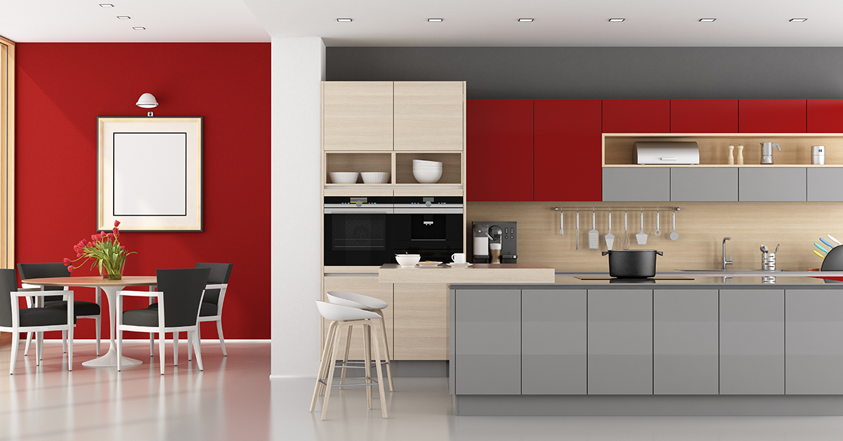 Kitchen painted in red, grey and brown colour combination