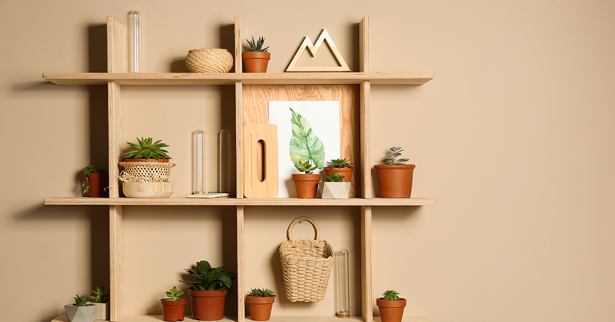 Floating wooden shelves in living room for home styling & visual appeal