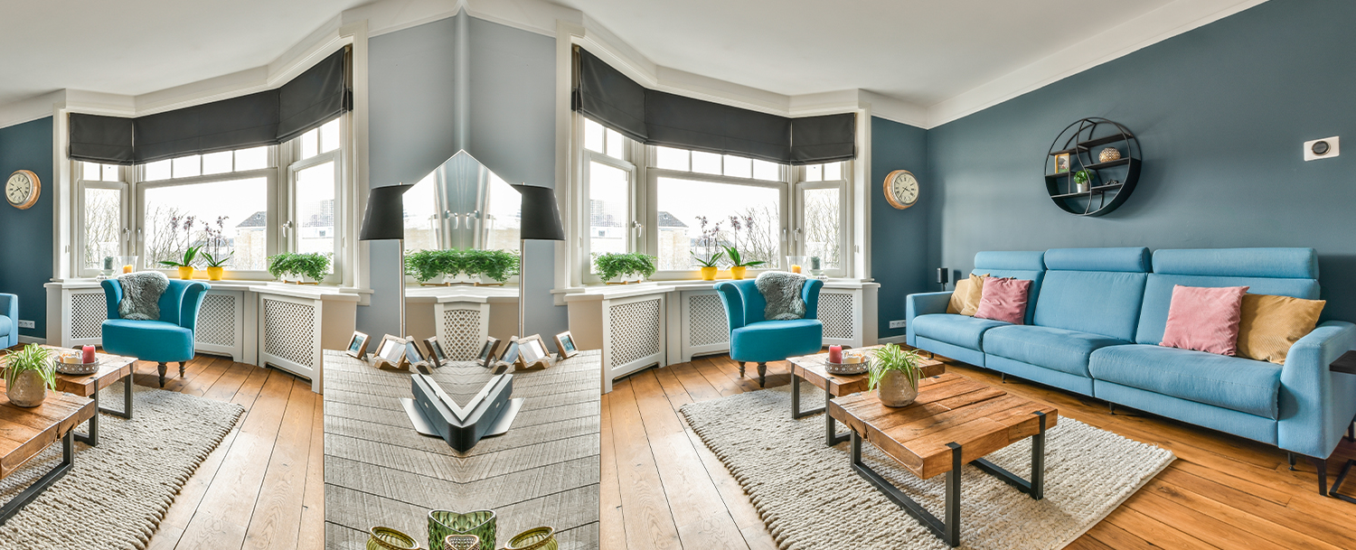 Furnished living room with blue and grey wall colour