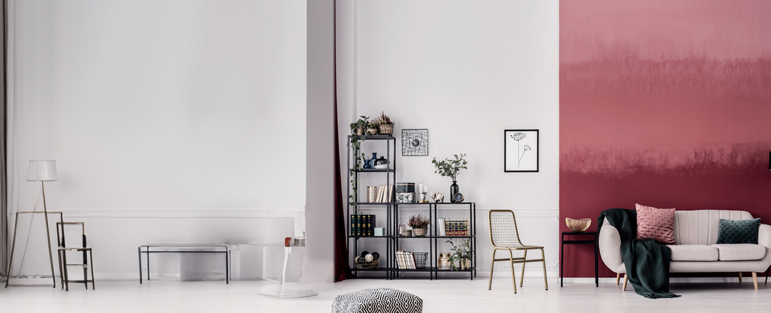 pink textured wall white living room combination