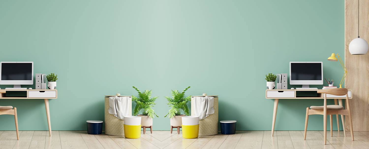 Modern study room with blue wall colour