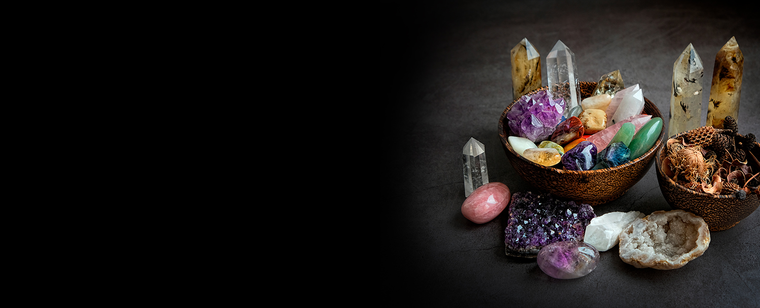 Colourful crystals in a small basket